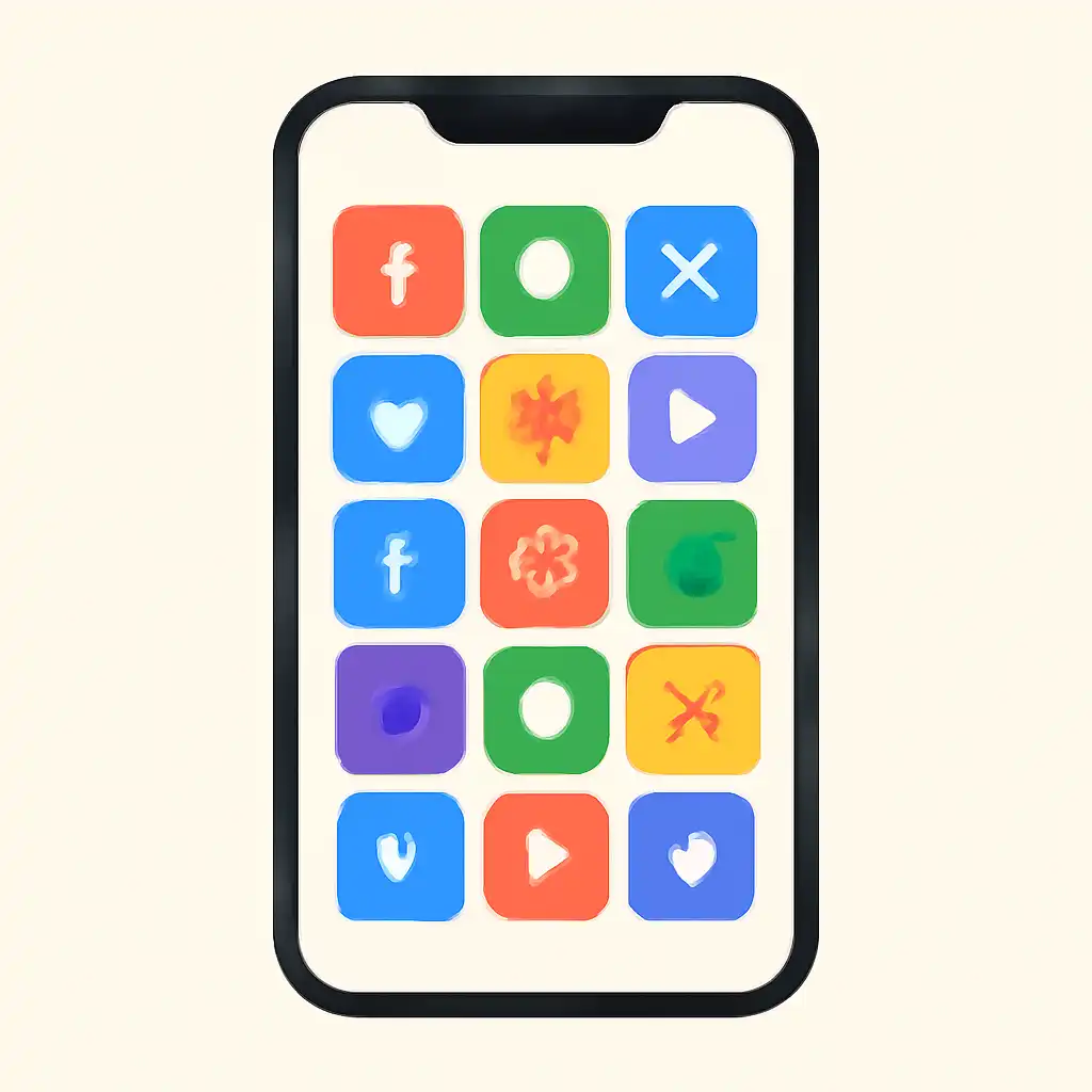 Smartphone shown from the front displaying a colourful flat layout of abstract game icons and rounded tiles, Mines Game