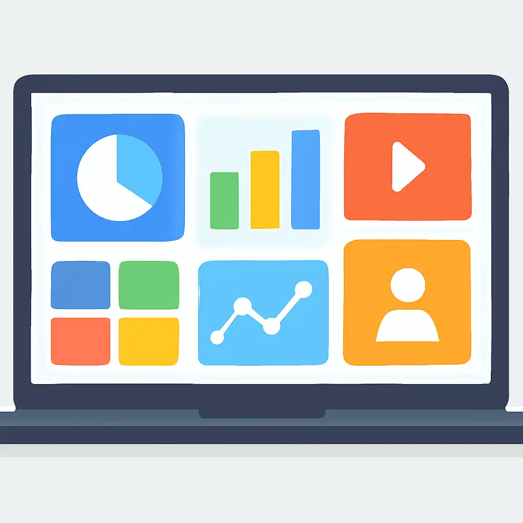 Laptop shown from the front displaying a colourful flat dashboard of abstract charts, bars and icon tiles, Mines Game