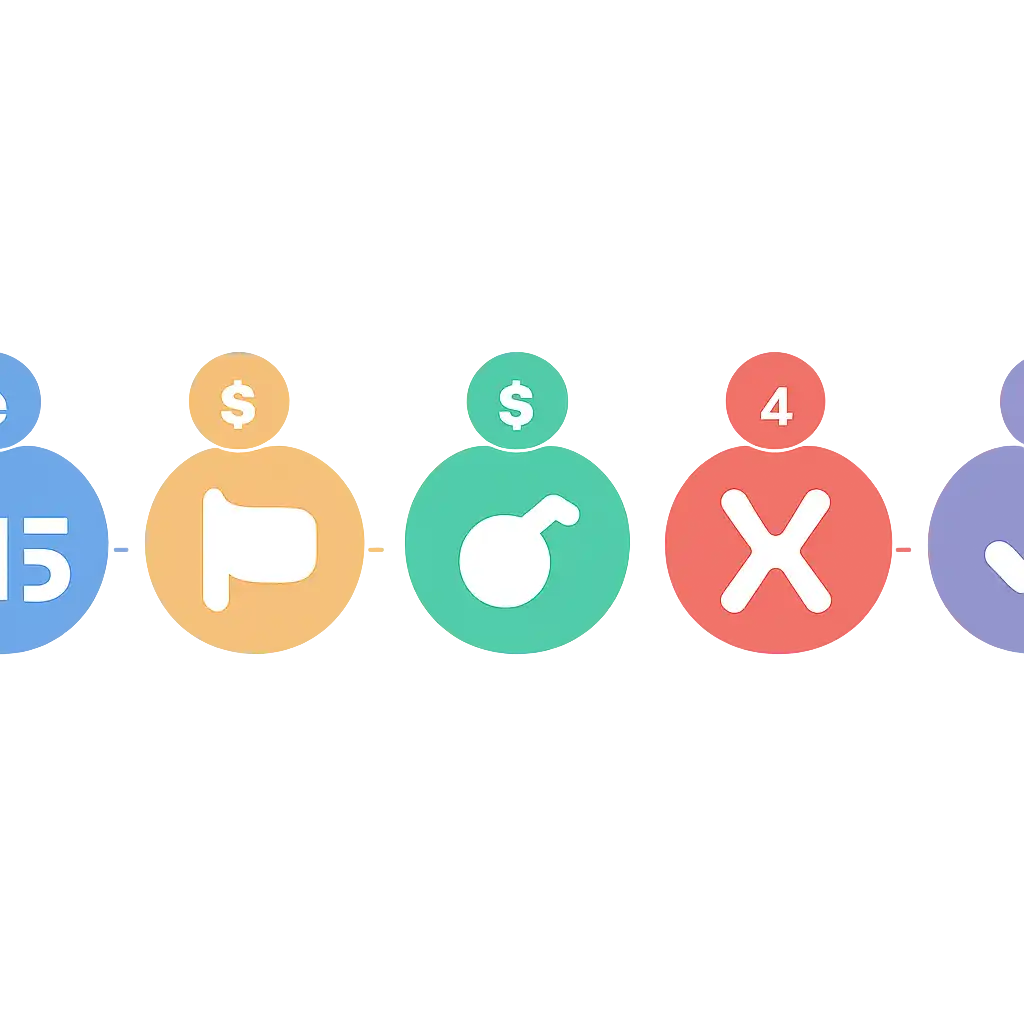 Five numbered circular icons connected by arrows in a horizontal flow, Mines Game steps