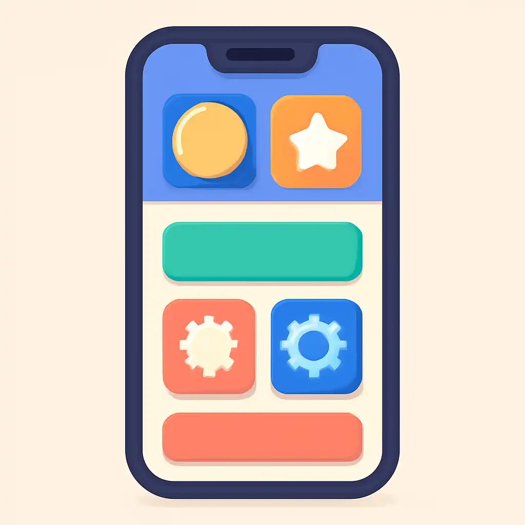 Smartphone shown from the front displaying a colourful flat layout of abstract game icons and rounded tiles, Mines Game
