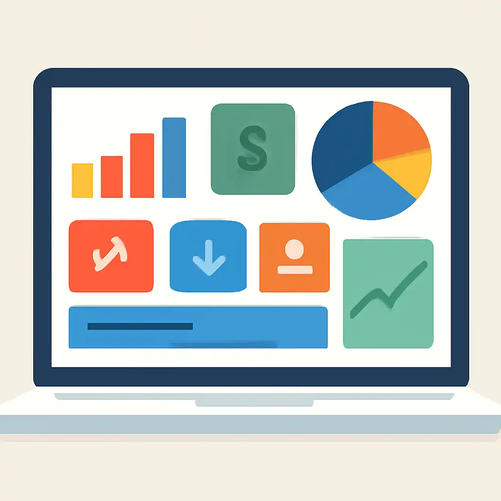 Laptop shown from the front displaying a colourful flat dashboard of abstract charts, bars and icon tiles, Mines Game