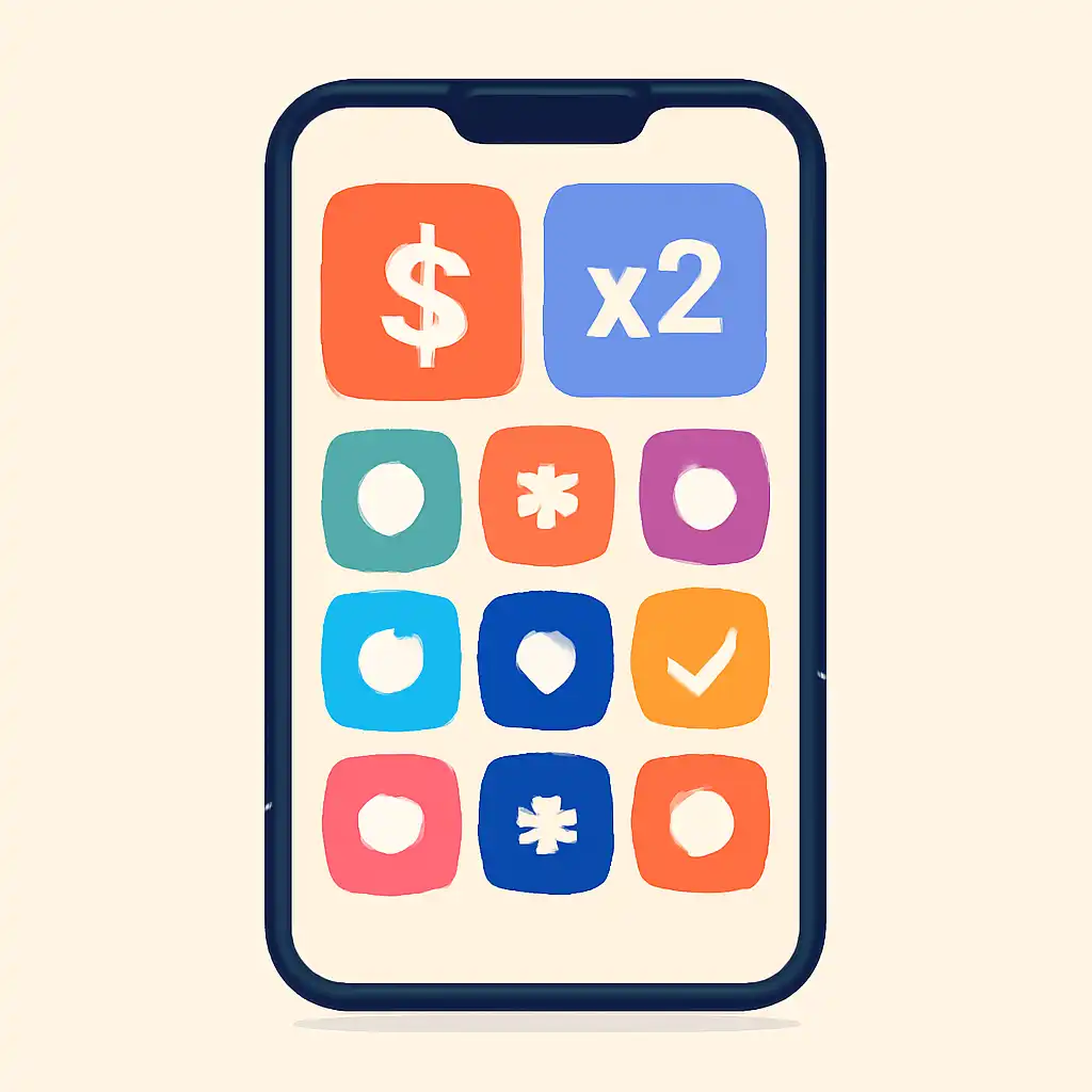 Smartphone shown from the front displaying a colourful flat layout of abstract game icons and rounded tiles, How Mines Game