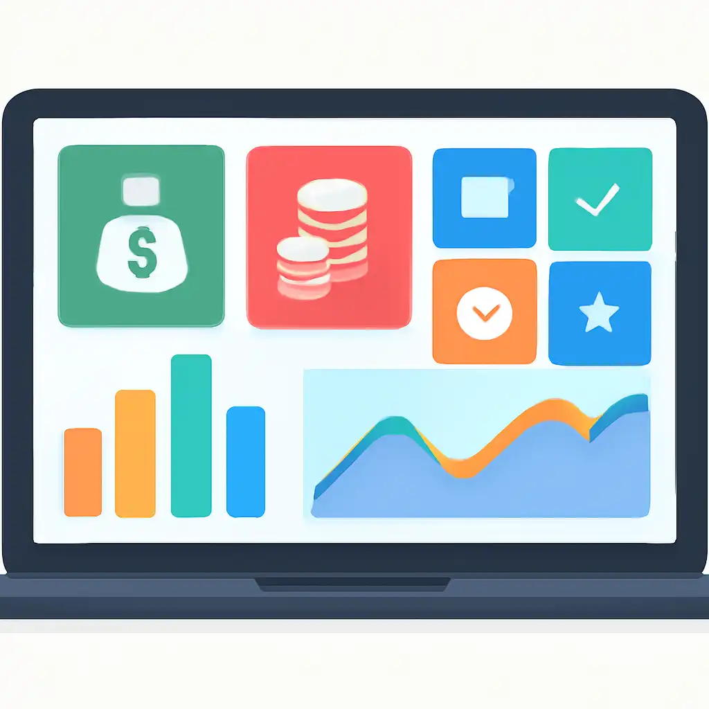 Laptop shown from the front displaying a colourful flat dashboard of abstract charts, bars and icon tiles, How Mines Game