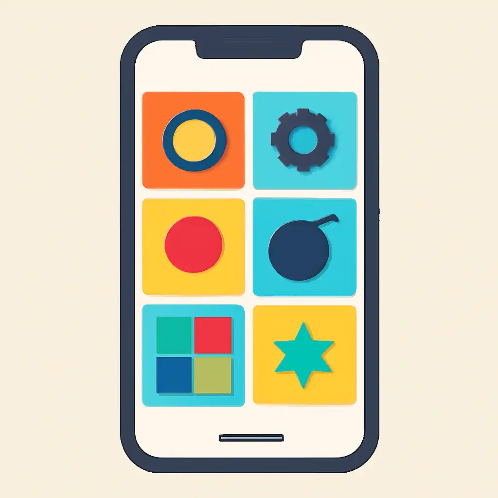 Smartphone shown from the front displaying a colourful flat layout of abstract game icons and rounded tiles, Is Mines Game