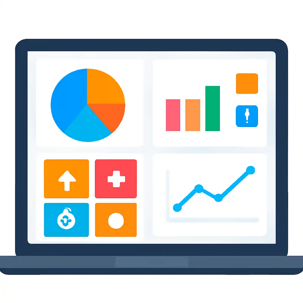 Laptop shown from the front displaying a colourful flat dashboard of abstract charts, bars and icon tiles, Is Mines Game