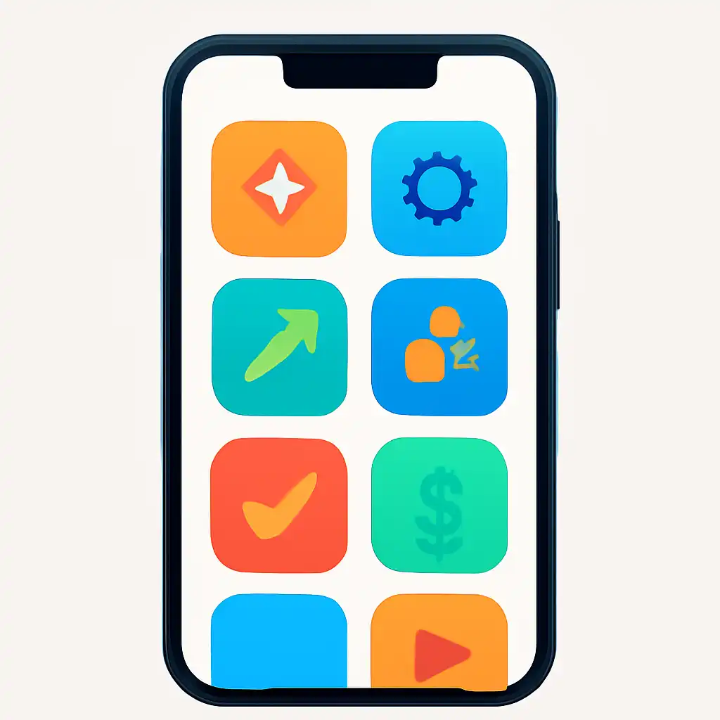 Smartphone shown from the front displaying a colourful flat layout of abstract game icons and rounded tiles, Mines Game