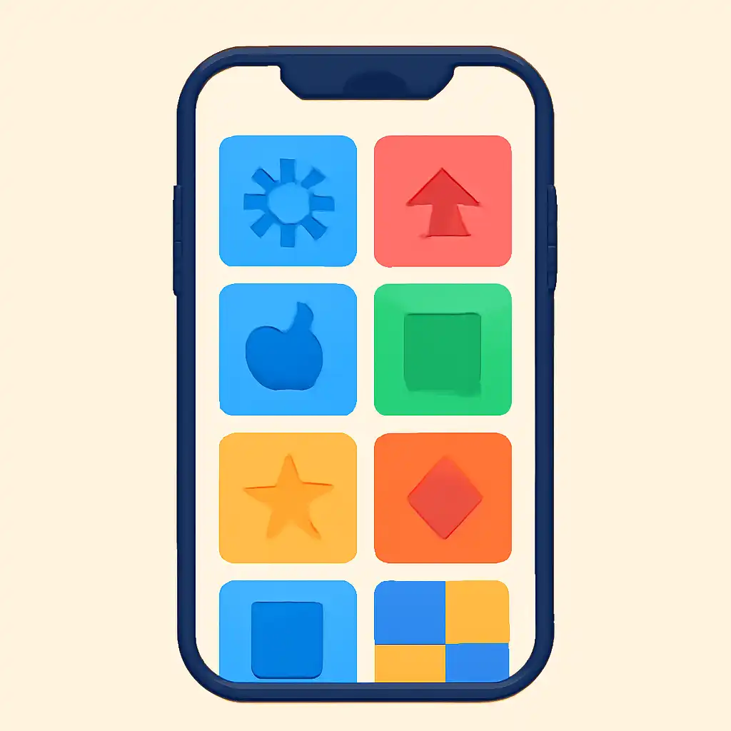 Smartphone shown from the front displaying a colourful flat layout of abstract game icons and rounded tiles, Where to Play