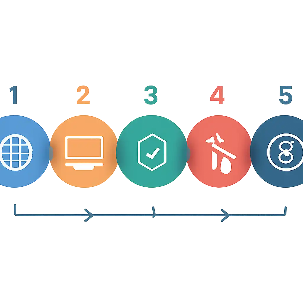 Five numbered circular icons connected by arrows in a horizontal flow, Where to Play Mines Game in India steps